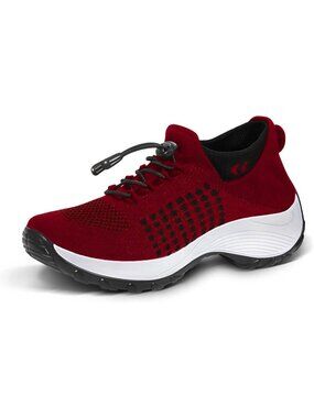 Women's Maroon Orthopedic Breathable Slip on Trainers Thick Bottom Sneaker Shoes